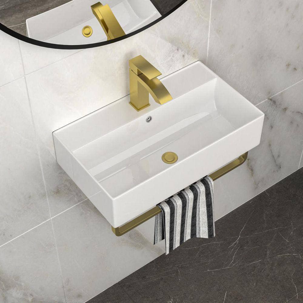 YSQCAR 21 in Rectangular Ceramic Wall-Mounted Rectangular Bathroom Sink in Gold, with Gold Towel Bar and Gold Faucet (2)