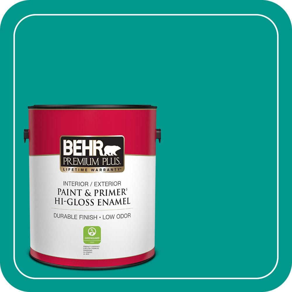 BEHR PREMIUM PLUS 1 gal. #S-G-490 Intense Teal Hi-Gloss Enamel Interior/Exterior Paint & Primer (1)