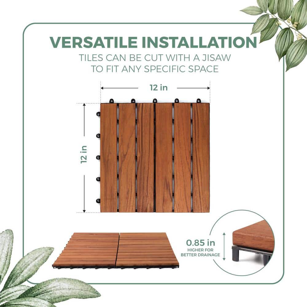 Afoxsos 1 ft. x 1 ft. Acacia Wood Oiled Finish Waterproof Interlocking Deck Tiles for Indoor/Outdoor Floor in Teak-(9-Pack) (2)