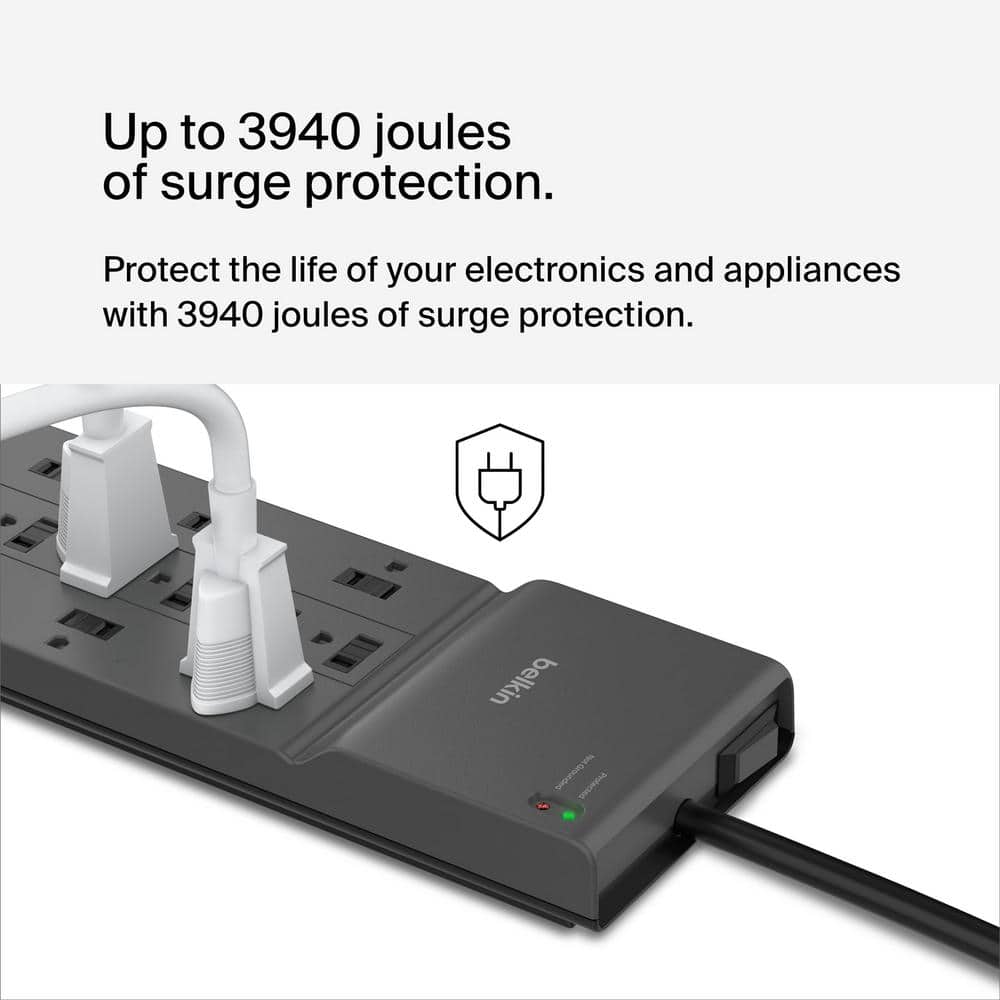 Lukyamzn 12-Outlet Flat Plug Surge Protector Power Strip in Black with 8 ft. UL-listed Heavy-Duty Extension Cord (2)