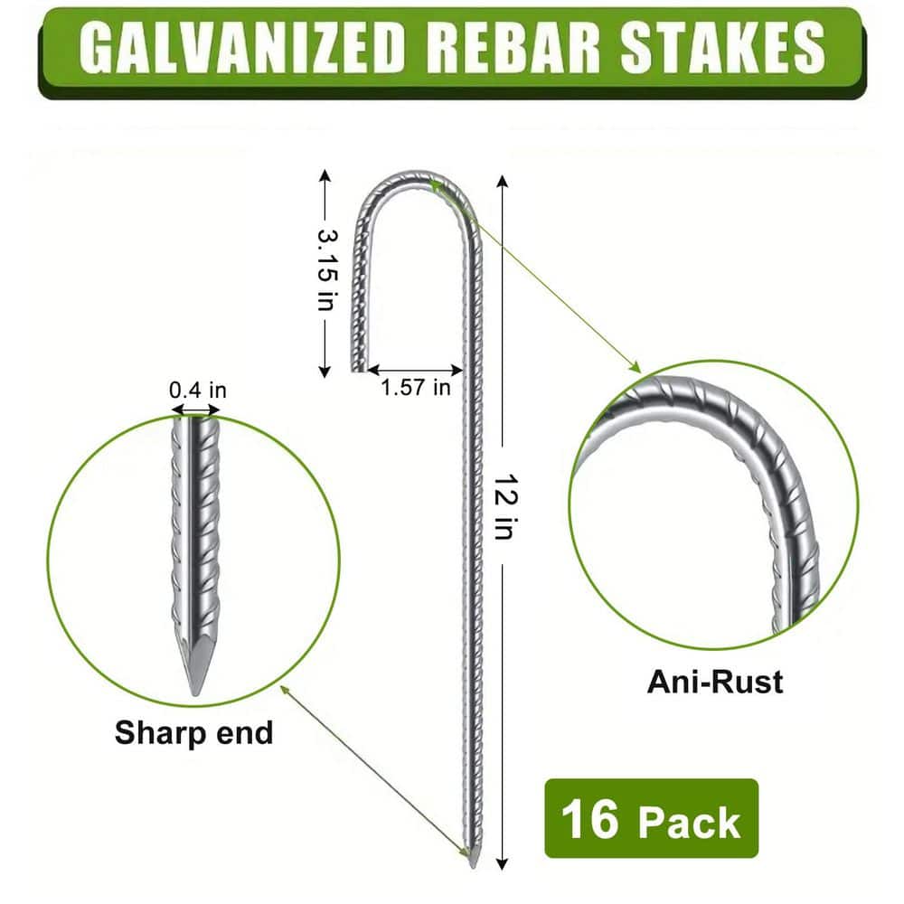 maocao hoom J-Shaped 0.4 in. x 12 in. Silver Steel Rebar Pins (16 Pack), Heavy Duty Landscaping Anchors for Fabric Edging & Securing (2)