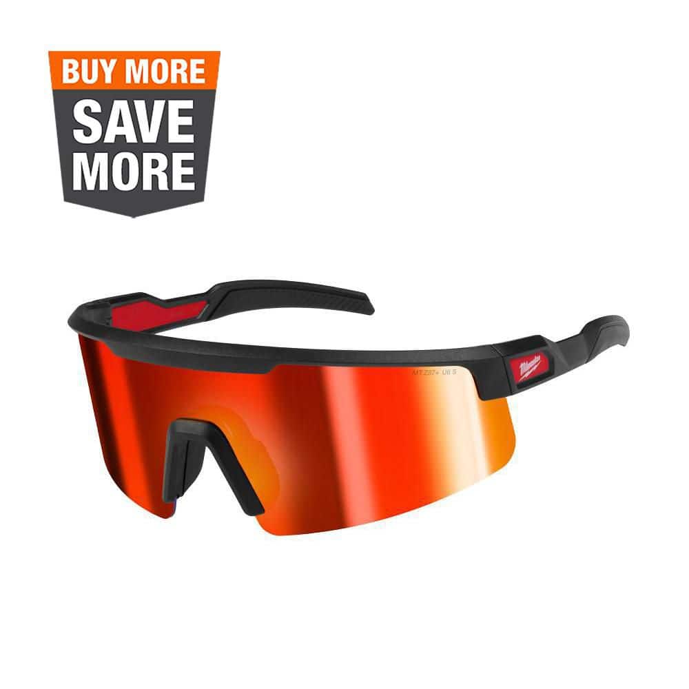 Milwaukee Safety Glasses with Red Wrap Around Mirrored Anti-Scratch Lenses