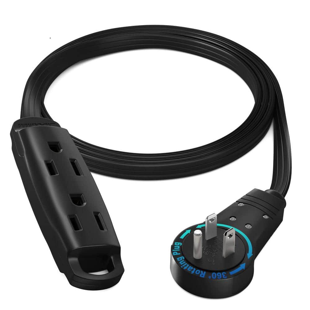 MAXIMM 3 ft. 16/3 Light Duty Indoor Extension Cord 360° Rotating Flat Plug 2-Sided with Loop, Black (1)