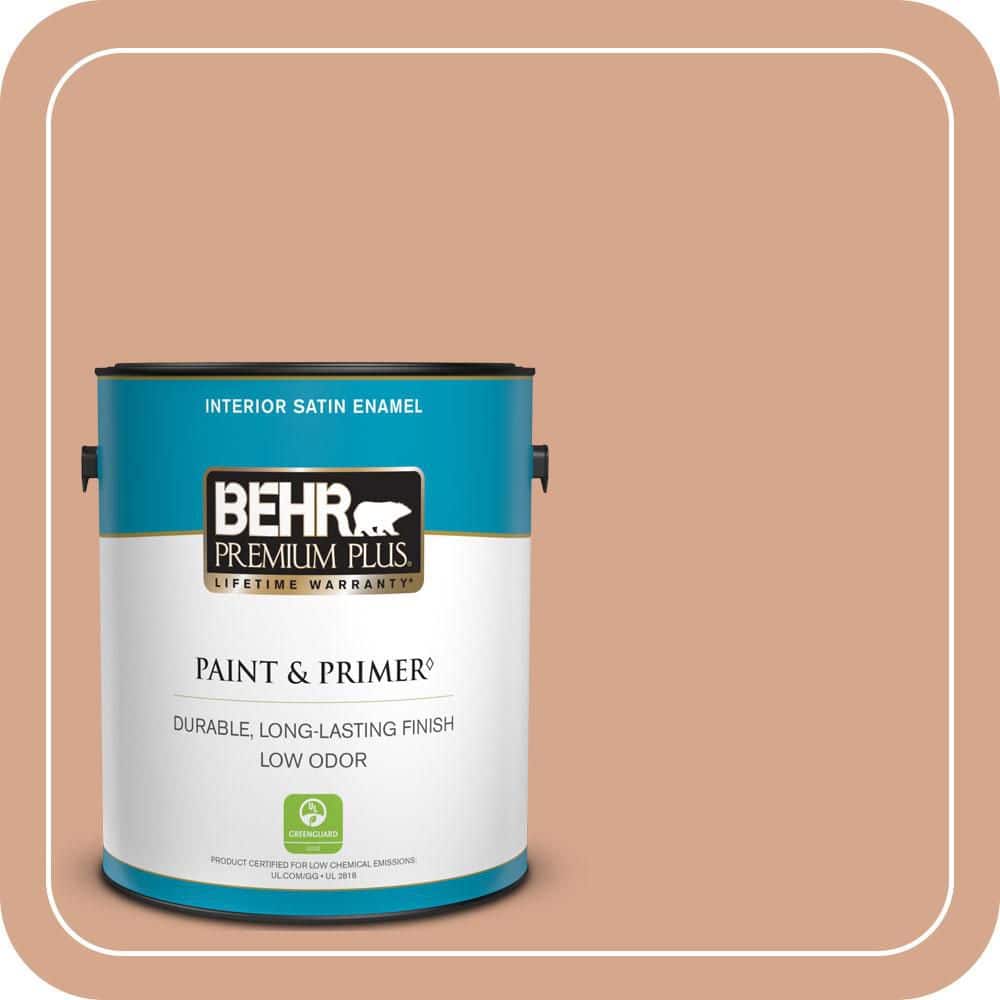 BEHR PREMIUM PLUS 1 gal. #MQ1-30 Peachy Confection Satin Enamel Low Odor Interior Paint & Primer
