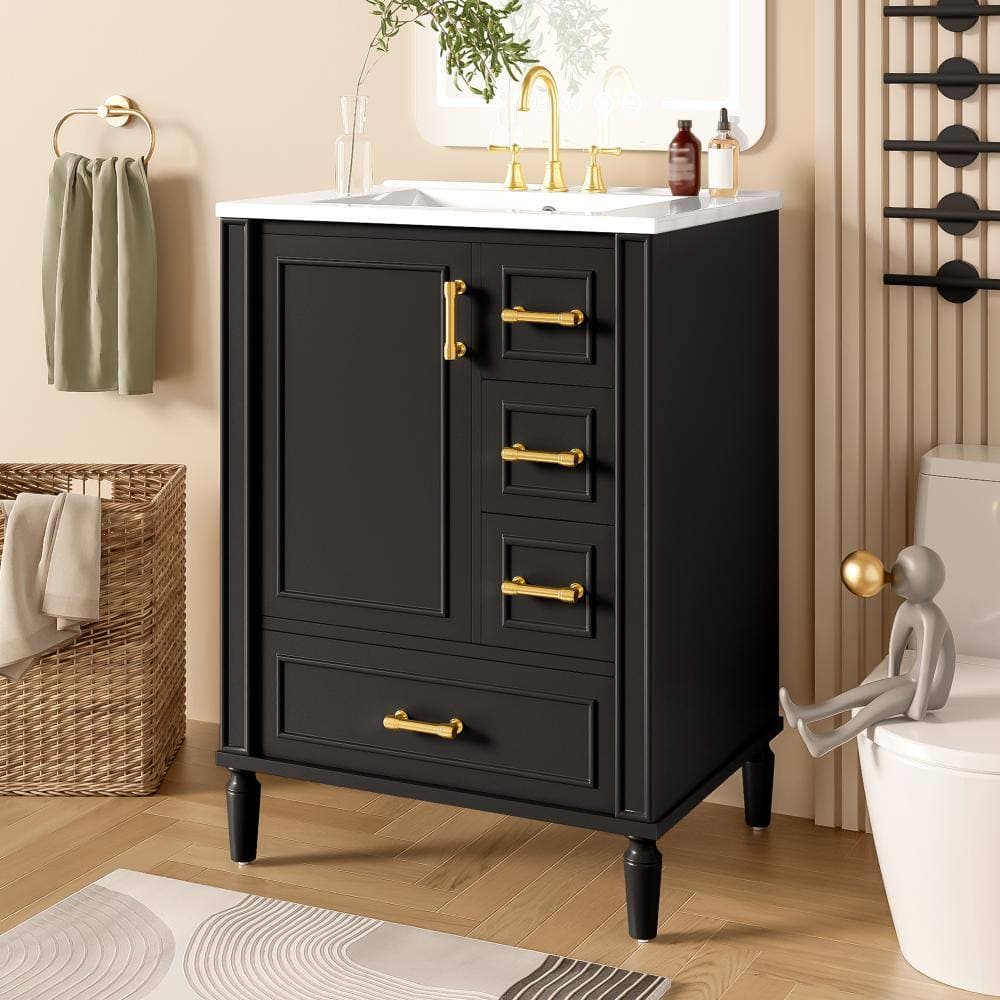 Flynama 24" Bath Vanity Ceramic Sink,3 Drawers+Soft Close Door,Gold Handle,Door Rack (2)