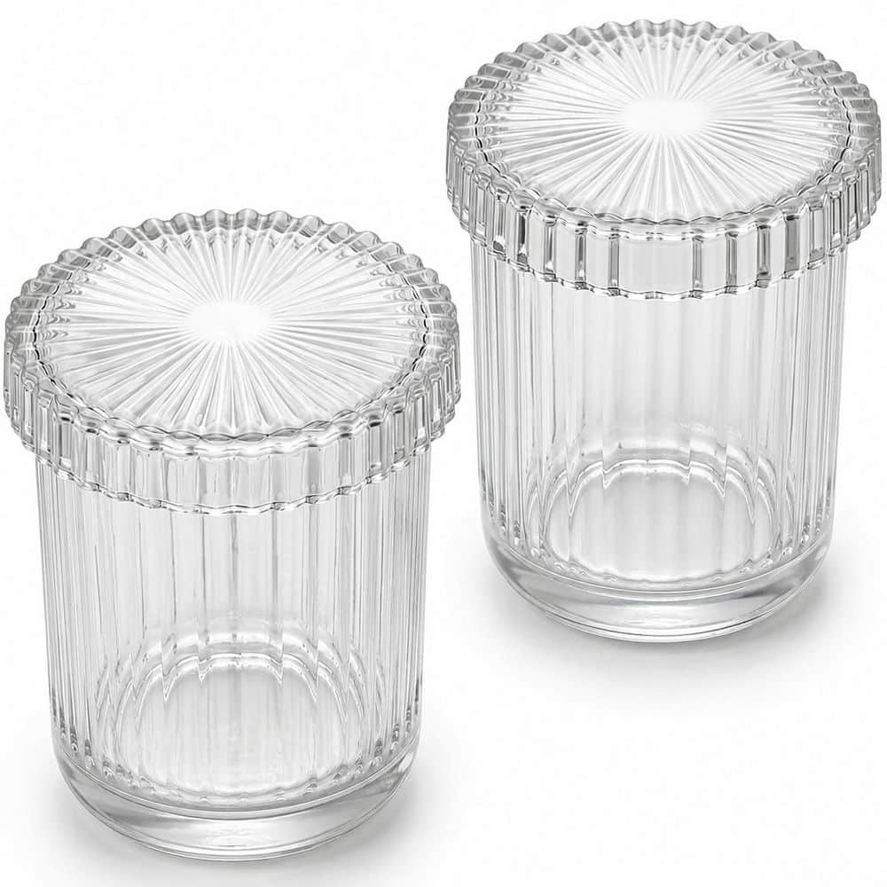 KHKFY 2 Pack Clear Glass Vanity Jars with Lids 10 oz Ribbed Apothecary Containers for Cotton Swabs Decor Set (1)