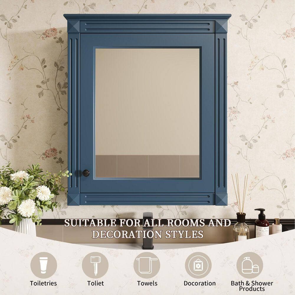 Siavonce 7 in. W x 24 in. D x 28 in. H Wall-Mounted Bathroom Linen Cabinet with Mirror and Adjustable Height Dividers, Blue (3)