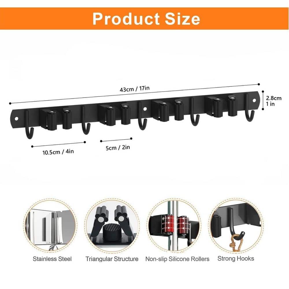 NVNOO 4-Racks and 5-Hooks Wall Mount Mop and Broom Holder for Kitchen Garden Room Wall Decor and Storage, Black (3)