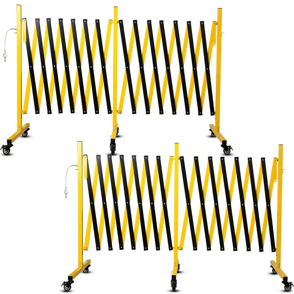 Tidoin 2-Pack 23 ft. x 3.4 ft. Yellow and Black Metal Expandable Barricade, Folding Security Gate Safety Barrier with Casters