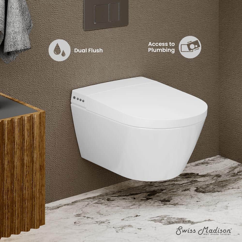 Swiss Madison Hugo 2-piece 0.8/1.1 GPF Dual Flush Elongated Smart Wall Hung Toilet with Bidet Bundle in. Glossy White, Seat Included (2)