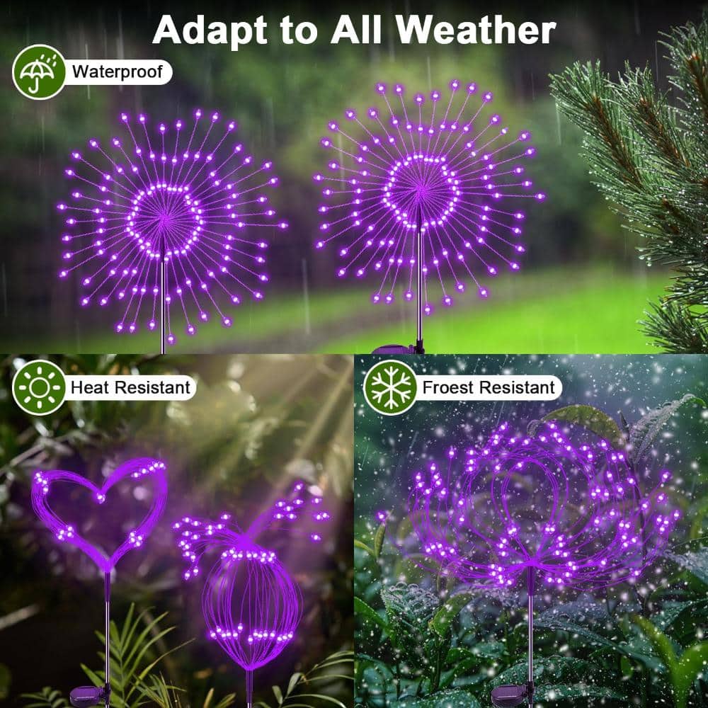 Unbranded Solar Garden Firework Lights 2 Pack 120 LED Twinkling Starburst Outdoor Waterproof Purple Yard Pathway (3)
