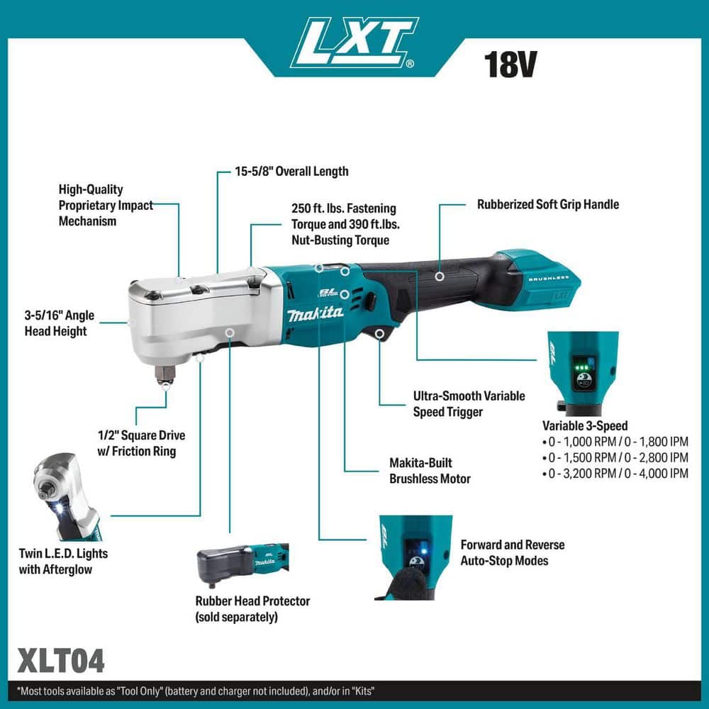 Makita 18V LXT Lithium-Ion Brushless Cordless High Torque 1/2 in. Sq. Drive Angle Impact Wrench w/ Friction Ring (Tool Only) (3)