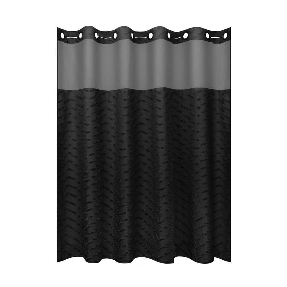 Unbranded 71 in. W x 74 in. L Fabric Shower Curtain with Liner Tufted Chevron Pattern Waterproof Mesh Window Black (1)