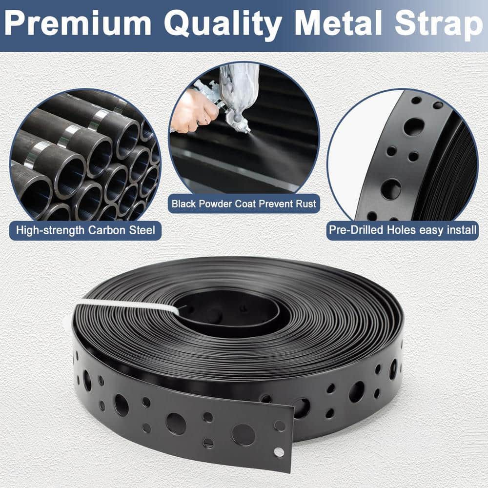 Angel Sar 1 in. x 33 ft. 0.6 mm Thickness Metal Strap, Pipe Hanger Strap with Holes Matte for Pipe Support Black (3)