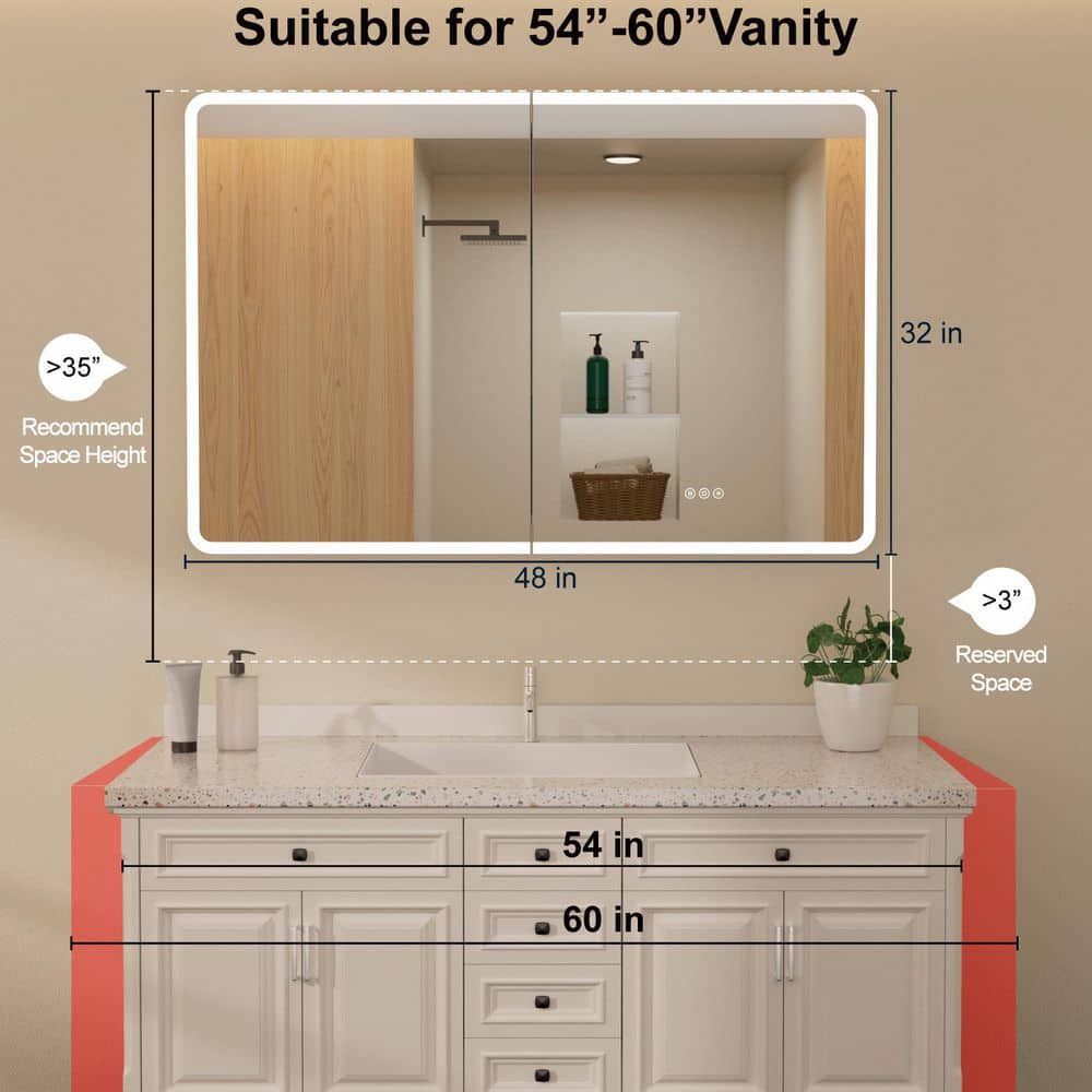 HBEZON Aura 48 in. W x 32 in. H Large Rectangular Aluminum Recessed/Surface Mount Dimmable Medicine Cabinet with Mirror (3)