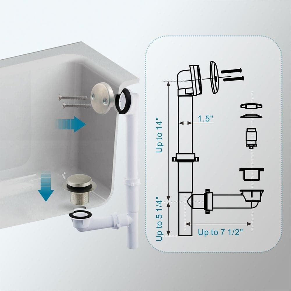 Helhom 1-Pack Touch-Toe 1-1/2 in. Plastic Tubular Bath Drain Kit with Face Plate and Overflow Brushed Nickel (2)