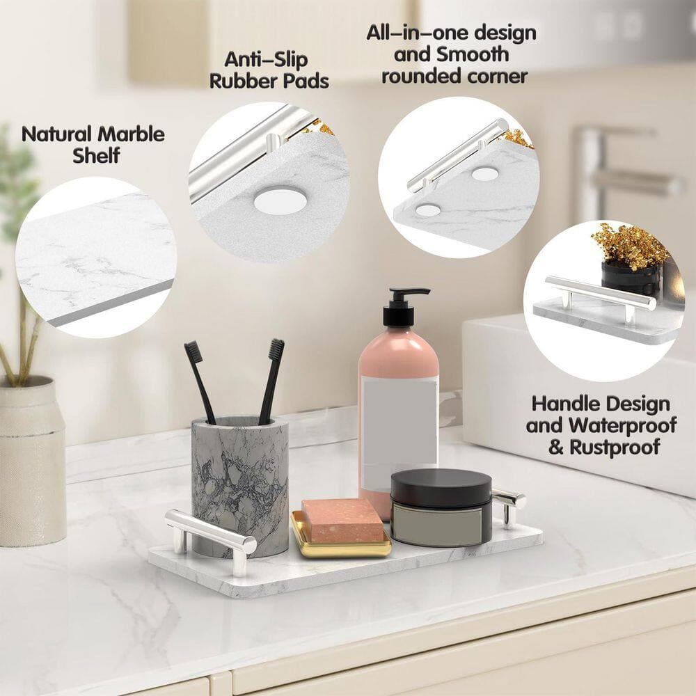Wudkey Freestanding Bathroom Tray with Handles in Silver, Marble Slab Napkin Holder for Bathroom Vanity Kitchen Countertop (3)