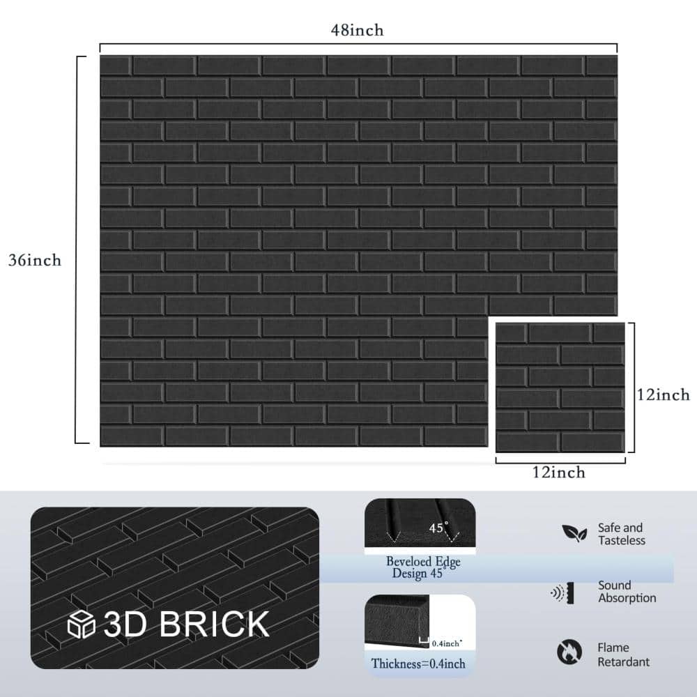 Unbranded 12 in x 12 in x 0.4 in Self Adhesive 3D Brick Acoustic Wall Panels Sound Dampening for Studio Office Black 12 Pack (3)