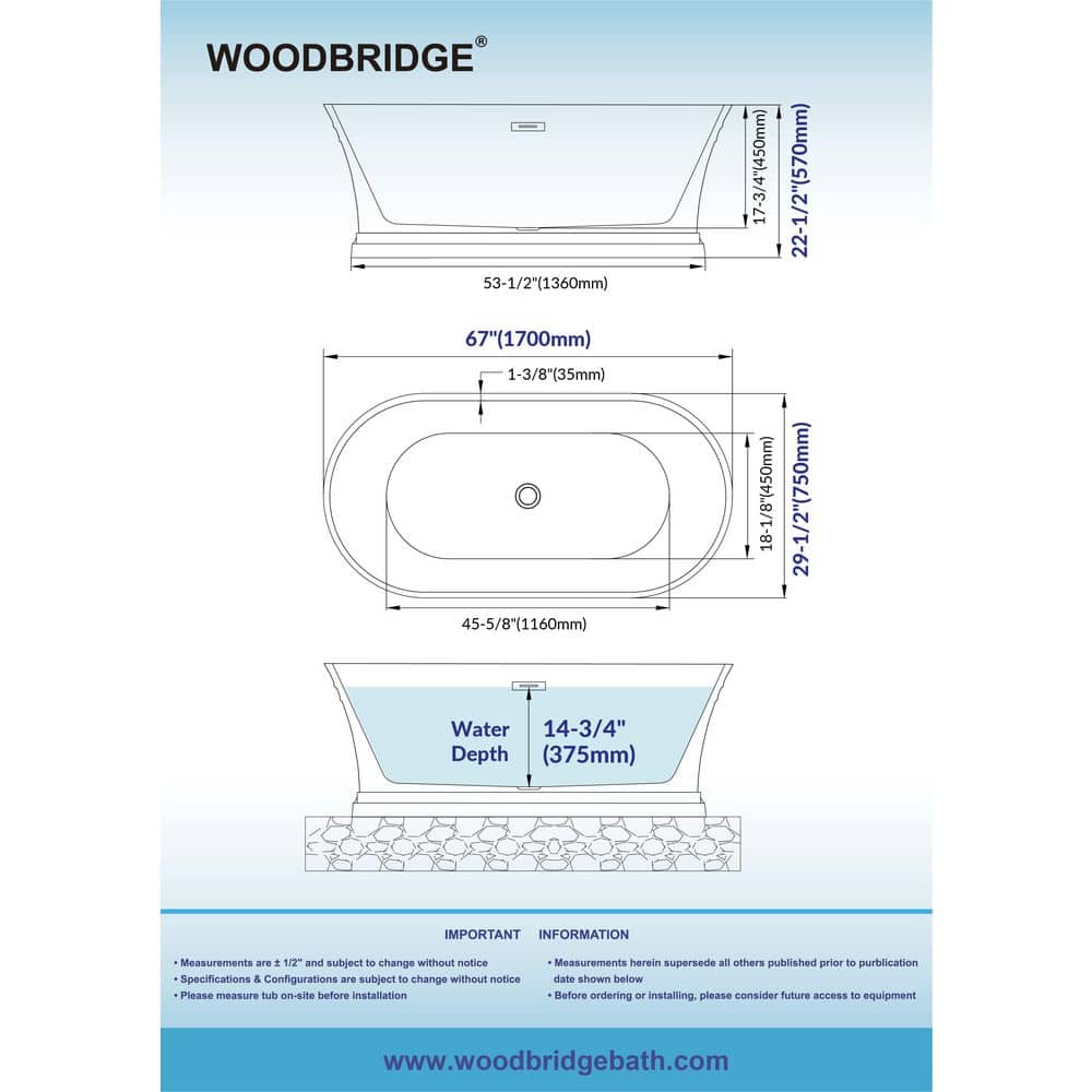 WOODBRIDGE Tarbes Acrylic FlatBottom Double Ended Bathtub with Polished Chrome Overflow and Drain Included White (4)