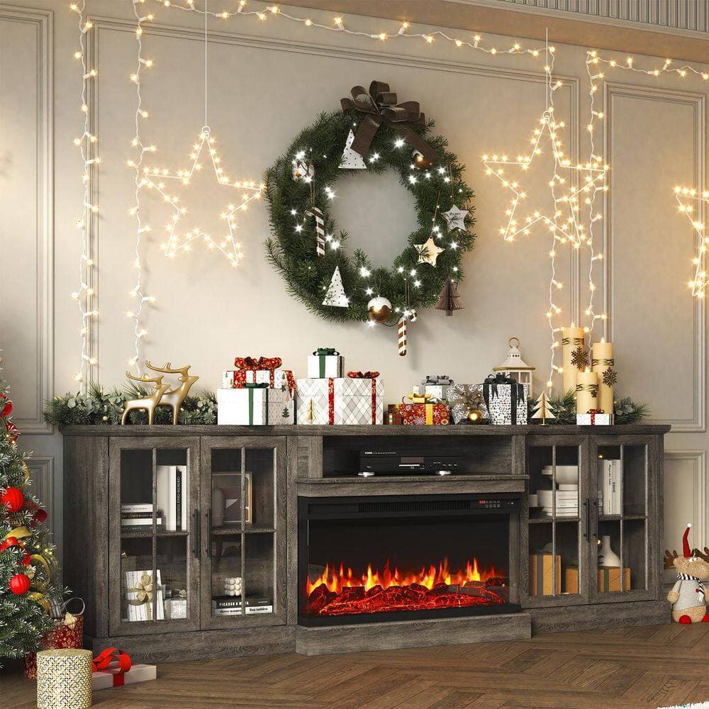 Sizzim 98 in. Freestanding Wooden TV Stand with 3-Sided Electric Fireplace and Dual Glass Cabinets in Gray (2)