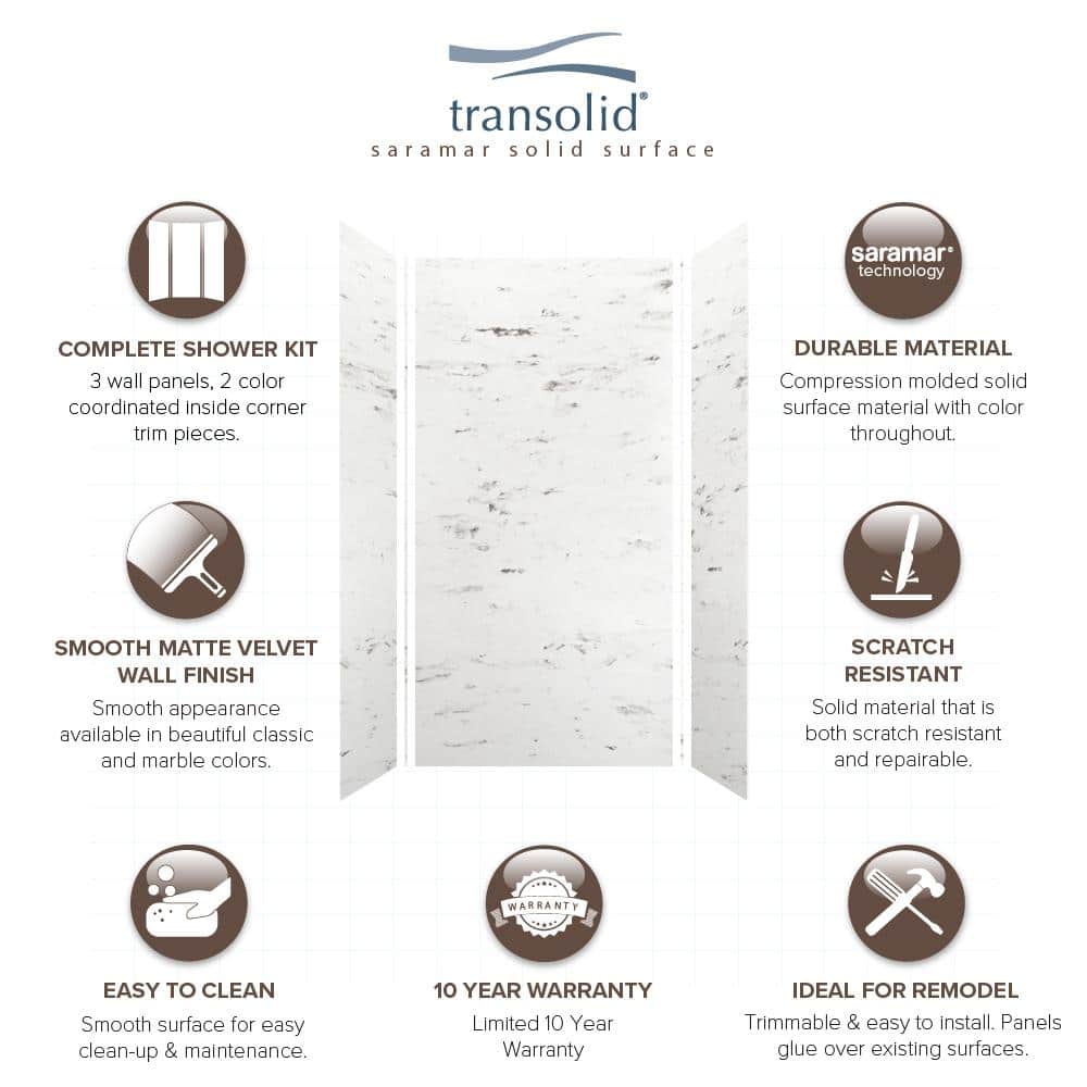 Transolid Saramar 48 in. W x 96 in. H x 36 in. D 3-Piece Glue to Wall Alcove Shower Wall Kit in. White Venito Velvet (3)