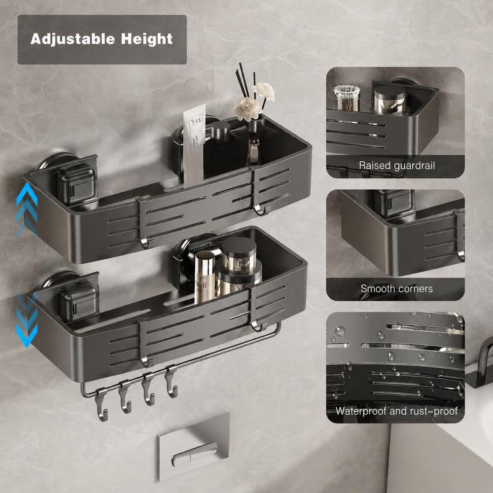 Anqtovp Suction Mount Large Capacity Rustproof Aluminum Shower Caddy with Hooks and Towel Bar in Gray 2 Pack (2)