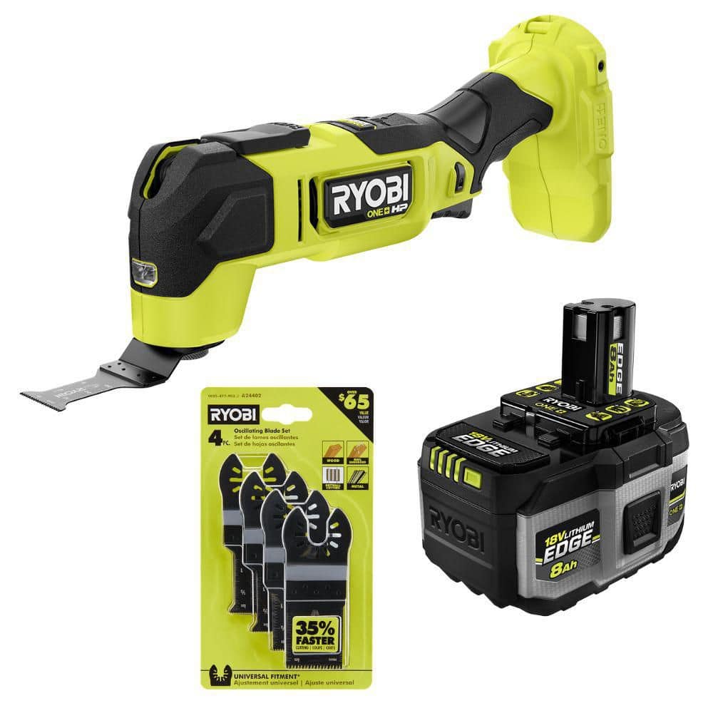 RYOBI ONE+ HP 18V Brushless Oscillating Multi-Tool, ONE+ 18V 8.0 Ah HIGH PERFORMANCE EDGE Battery, 4-pc Wood/Metal OMT Blades (1)