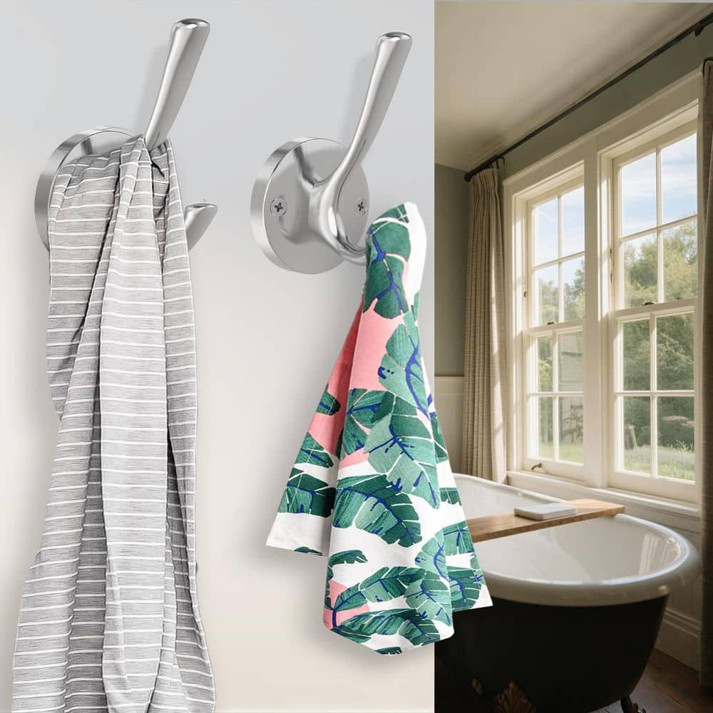 Unbranded 2-Pack Brushed Nickel Heavy-Duty Zinc Alloy Double Wall-Mounted J-Hook Towel Robe Coat Hook Bathroom Wall Mount (3)