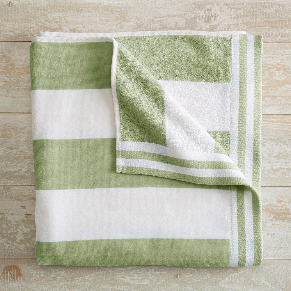 FRESHFOLDS Eucalyptus Green / White 100% Cotton Cabana Stripe Oversized Beach and Pool Towels (1)