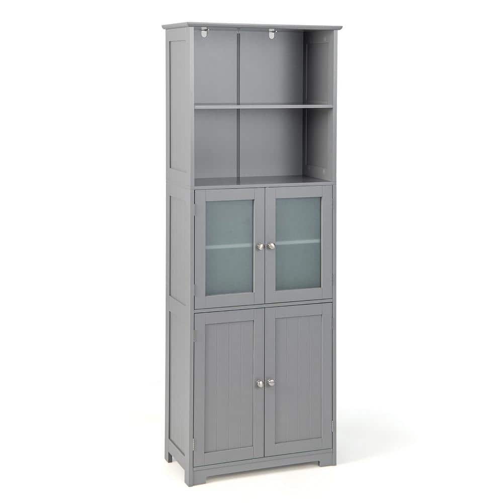 Gymax 23.5 in. W 12 in. D 64 in. H Bathroom Tall Storage Linen Cabinet Tower w/Glass Door & Adjustable Shelf (2)