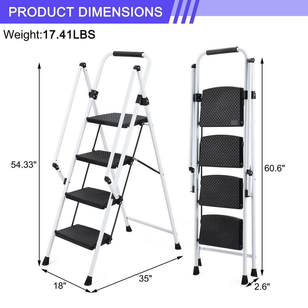 Tatayosi Light Folding 4-Step Ladder Multi-purpose Step Stool with Wide Anti-Slip Pedal and Safety Handle, White (2)