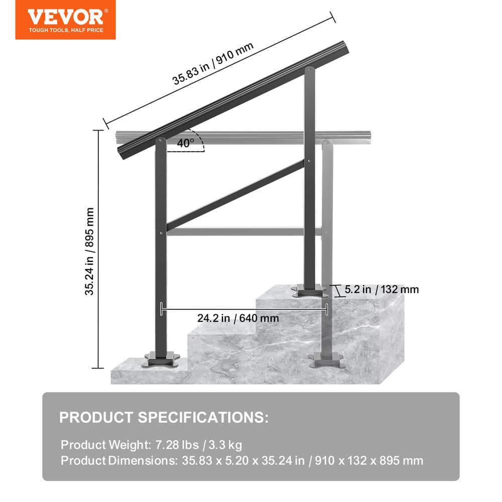 VEVOR 36 in. W x 35 in. H Adjustable Handrail Fits 2 Steps or 3 Steps Aluminum Handrails for Outdoor Steps, Black (2)