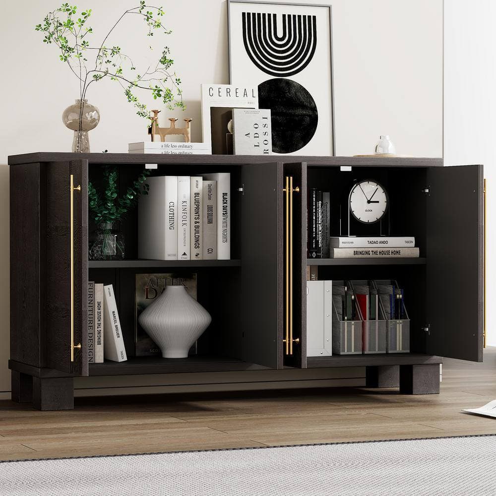 Unbranded 60 in. W x 15.7 in. D x 33.8 in. H Brown Linen Cabinet with Adjustable Shelves and Gold Handles for Kitchen, Living Room (3)