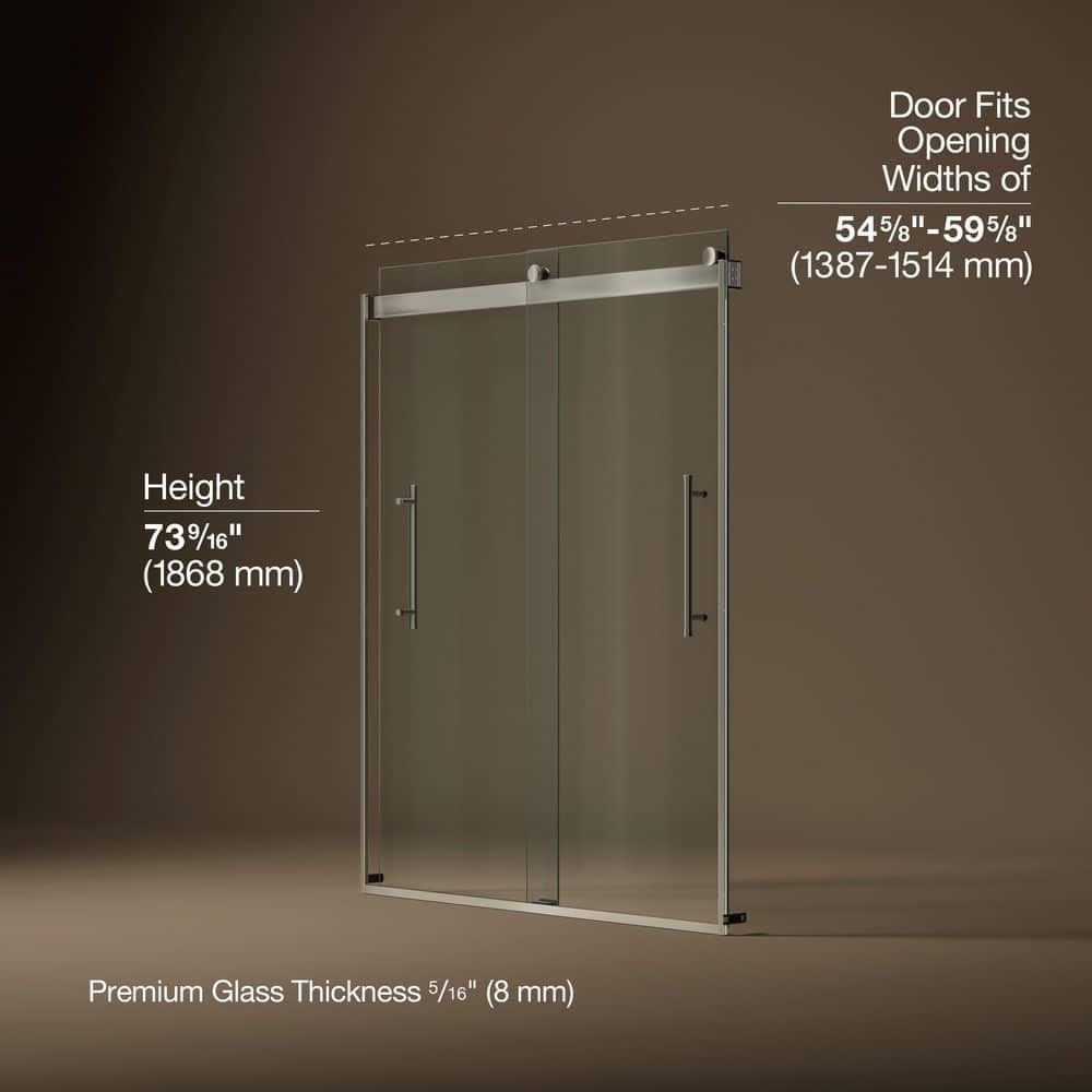 KOHLER Elmbrook 55-60 in. W x 74 in. H Sliding Frameless Shower Door in Anodized Brushed Nickel with 5/16 in. Thick Glass (4)