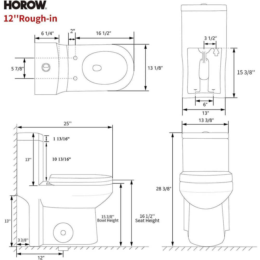 HOROW 1-piece 0.8/1.28 GPF Dual Flush Round Toilet in White Seat Included (3)