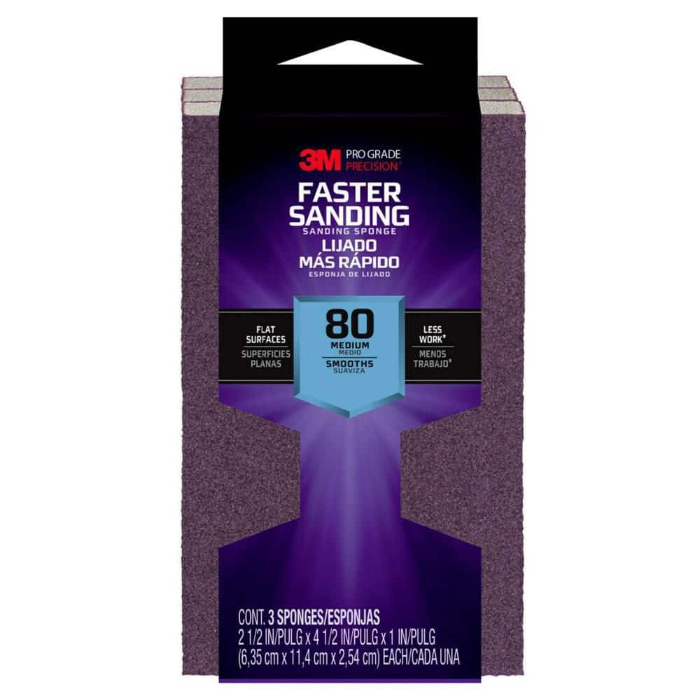 3M Pro Grade Precision 2.5 in. x 4.5 in. x 1 in. 80 Grit Faster Sanding Block Sponge (3-Pack)