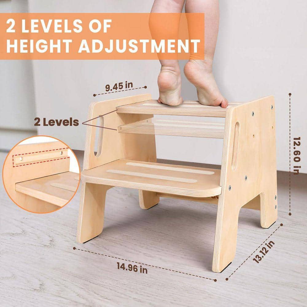 KIWDZFU 1 ft. Reach Toddler Wooden Height-Adjustable 2-Step Stool with Handles for Kids, Potty Training Bathroom Kitchen Bedroom (3)