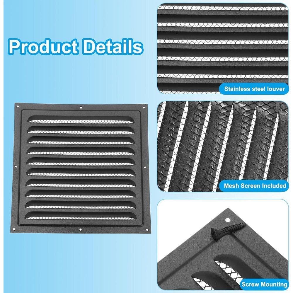 KIWDZFU 10 x 10 Gable Vent Black Stainless Steel Louvered Design with Mesh Cover for Kitchen Bathroom Ventilation (3)