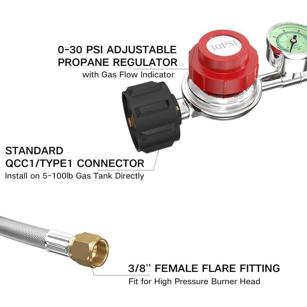 Lukvuzo 12FT Stainless Braided High Pressure Propane Regulator with Gauge 0-60 PSI Gas Flow Indicator 3/8 Flare MNPT Fittings (3)