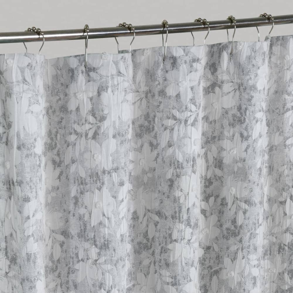 Dainty Home Laureen Floral Jacquard Soft Polyester Shower Curtain with Textured Puffs 72” x 72” (2)