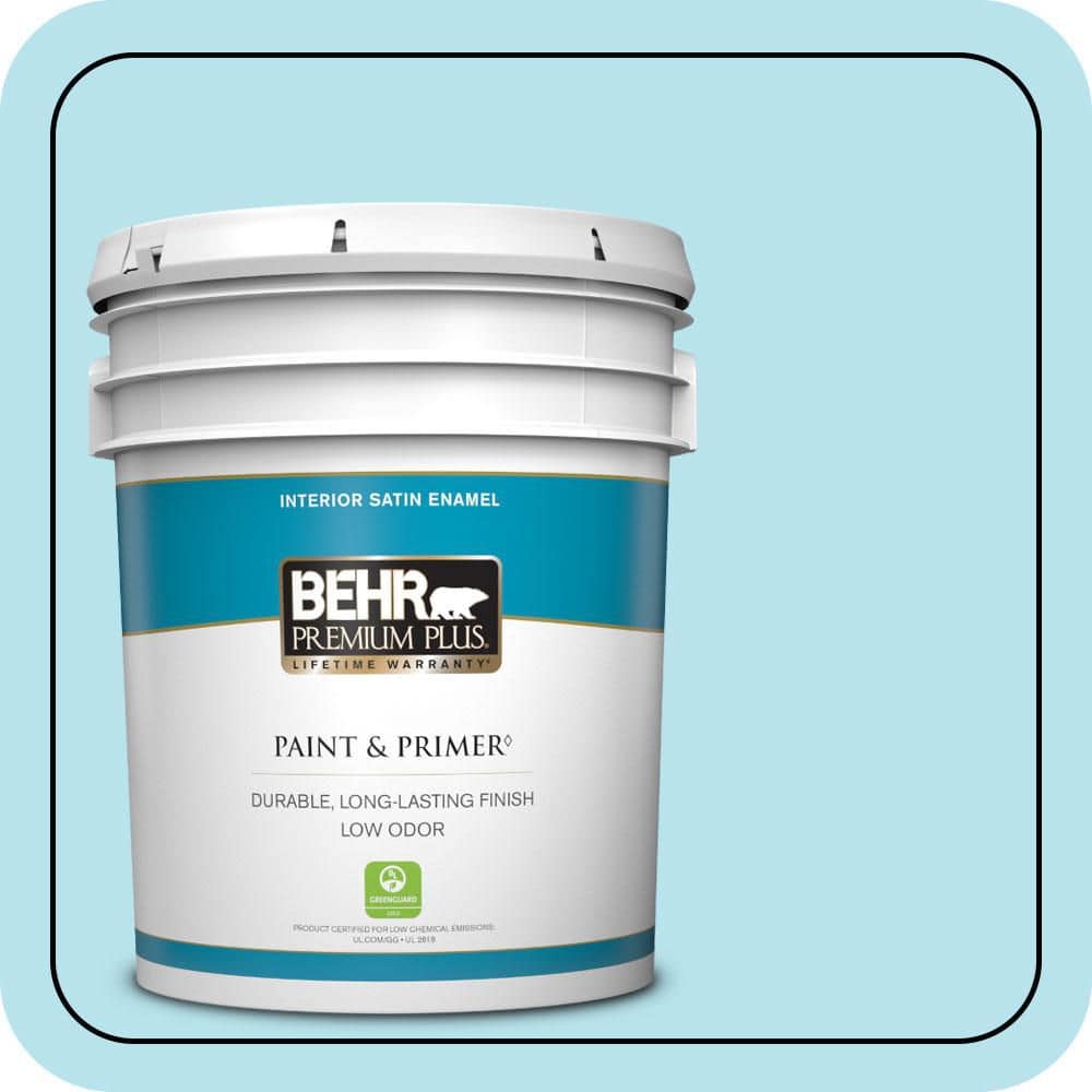 BEHR PREMIUM PLUS 5 gal. #P490-1 Ocean Front Satin Enamel Low Odor Interior Paint & Primer