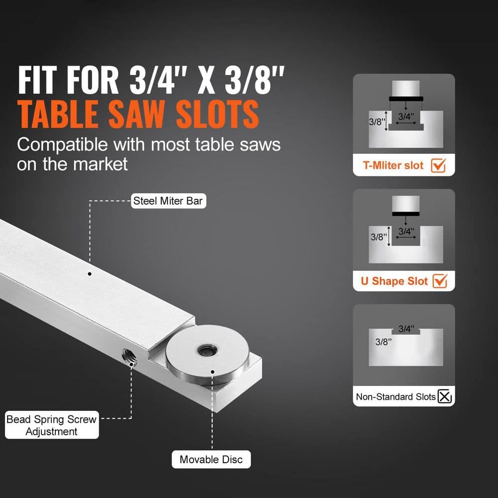 SKYSHALO Precision Miter Gauge Standard Slot 3/4 in. x 3/8 in. Aluminum Alloy Table Saw Miter Gauge with 24 in. Grating (2)