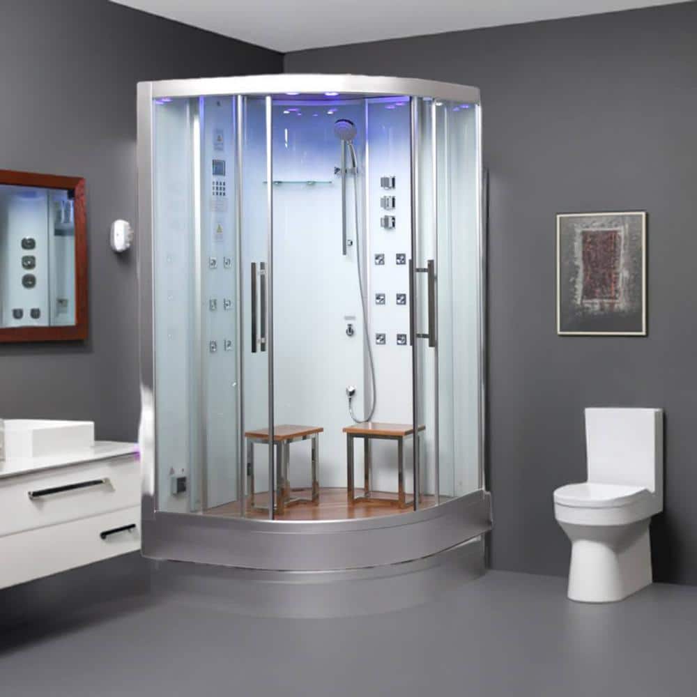 Unbranded Platinum 47 in. x 47 in. x 90 in. Corner Steam Shower in White with Bluetooth, Sliding Doors and 6 kW Steam Generator (2)