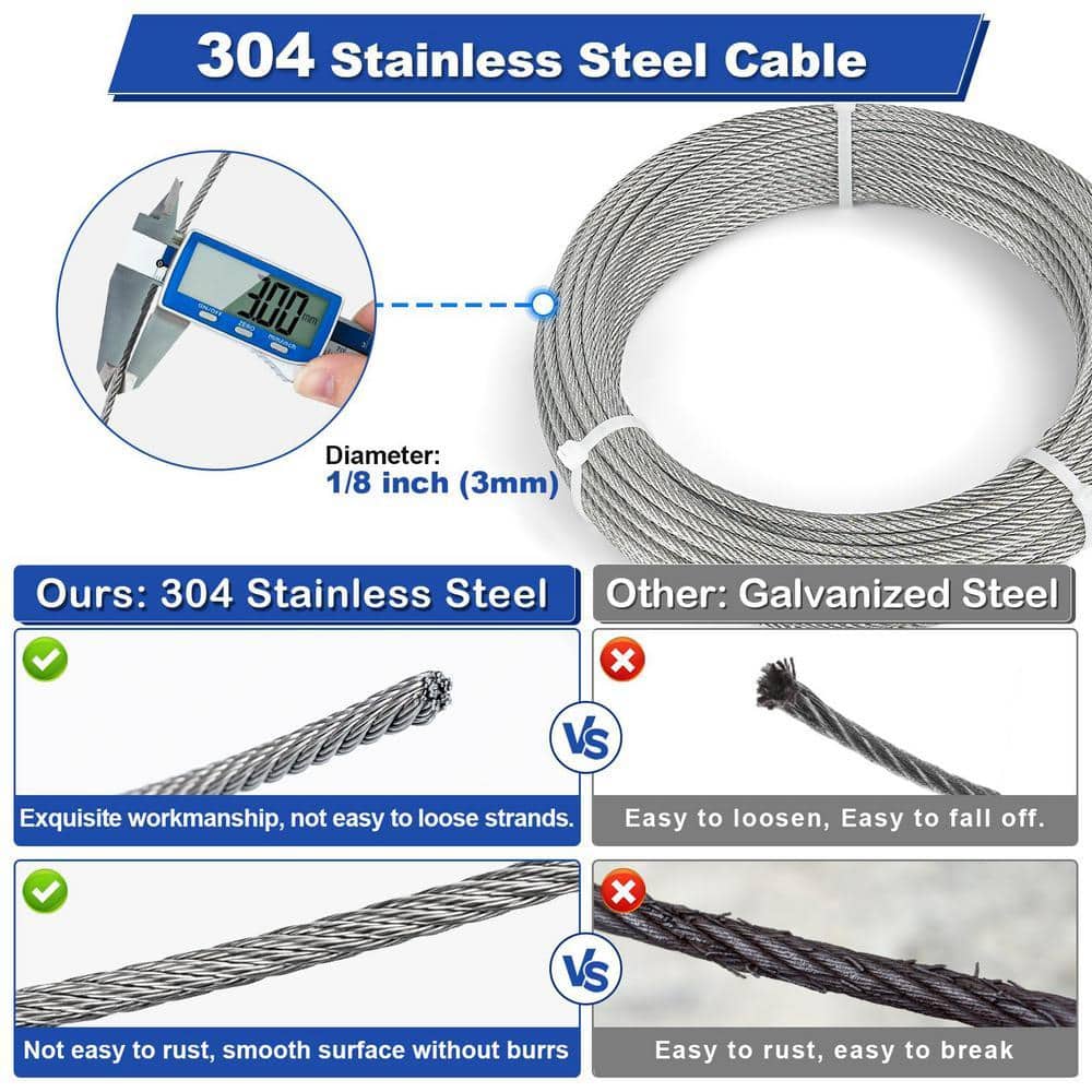 Angel Sar 100 ft. 1/8 in. Stainless Steel Wire Rope Kit, M6 Turnbuckle Wire Tensioner Kit for Cables Wire Strings Light Kit (2)