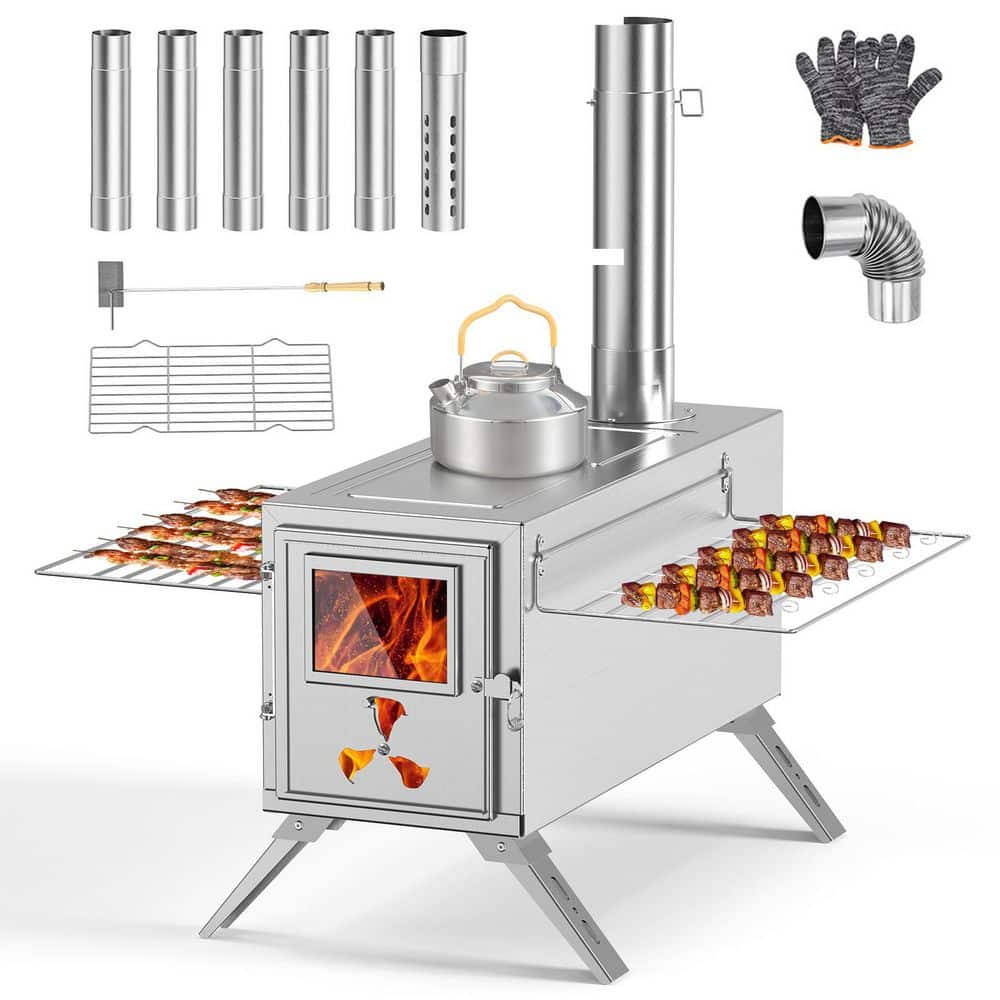 BOZTIY Camping Tent Stove Portable Wood Burning Stove with Window, 7 Chimney Pipe Folding Hot Tent Stove for Outdoor Camping (2)