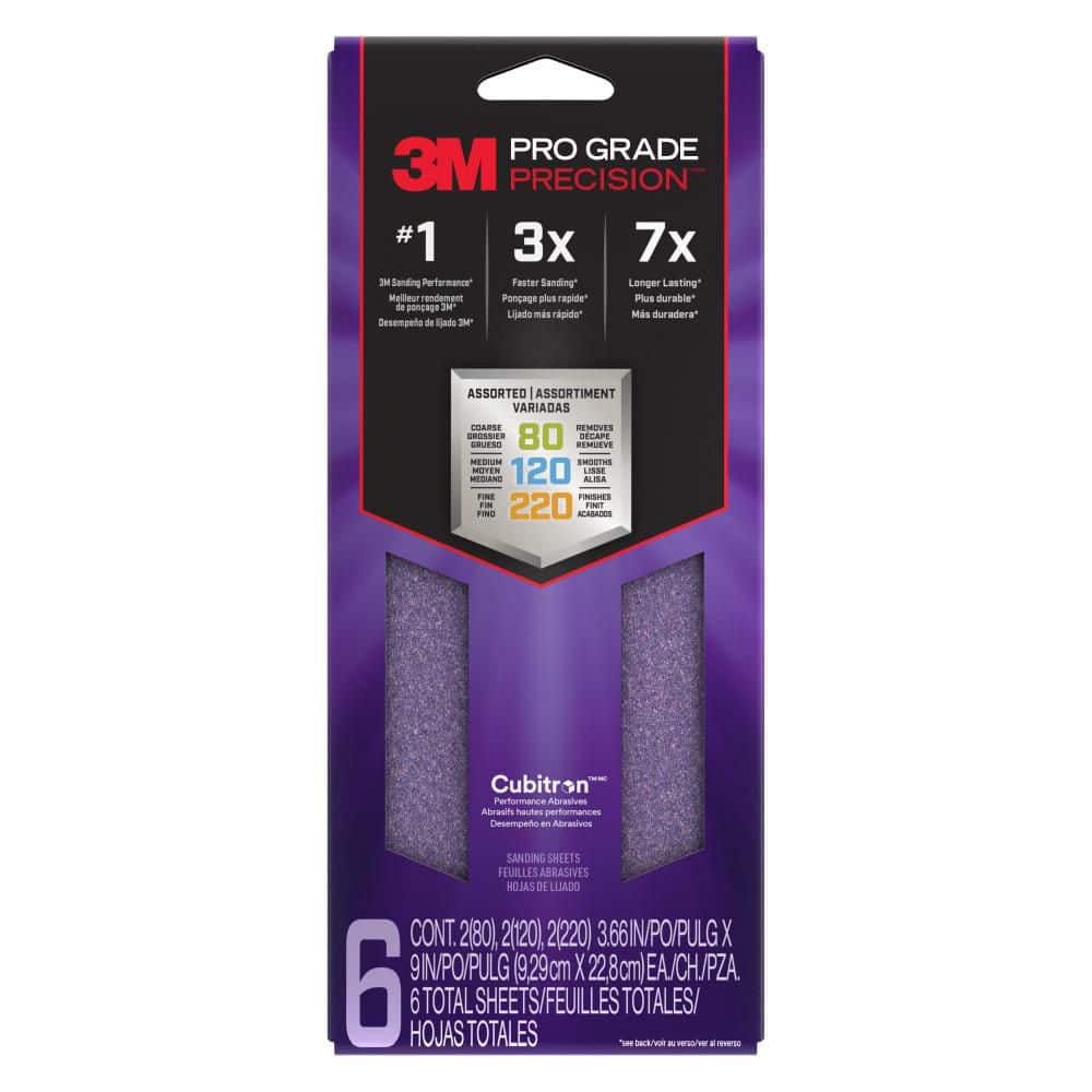 3M Pro Grade Precision 3.66 in. x 9 in. Faster Sanding Sheets with No-Slip-Grip, Assorted Grit (6-Pack)