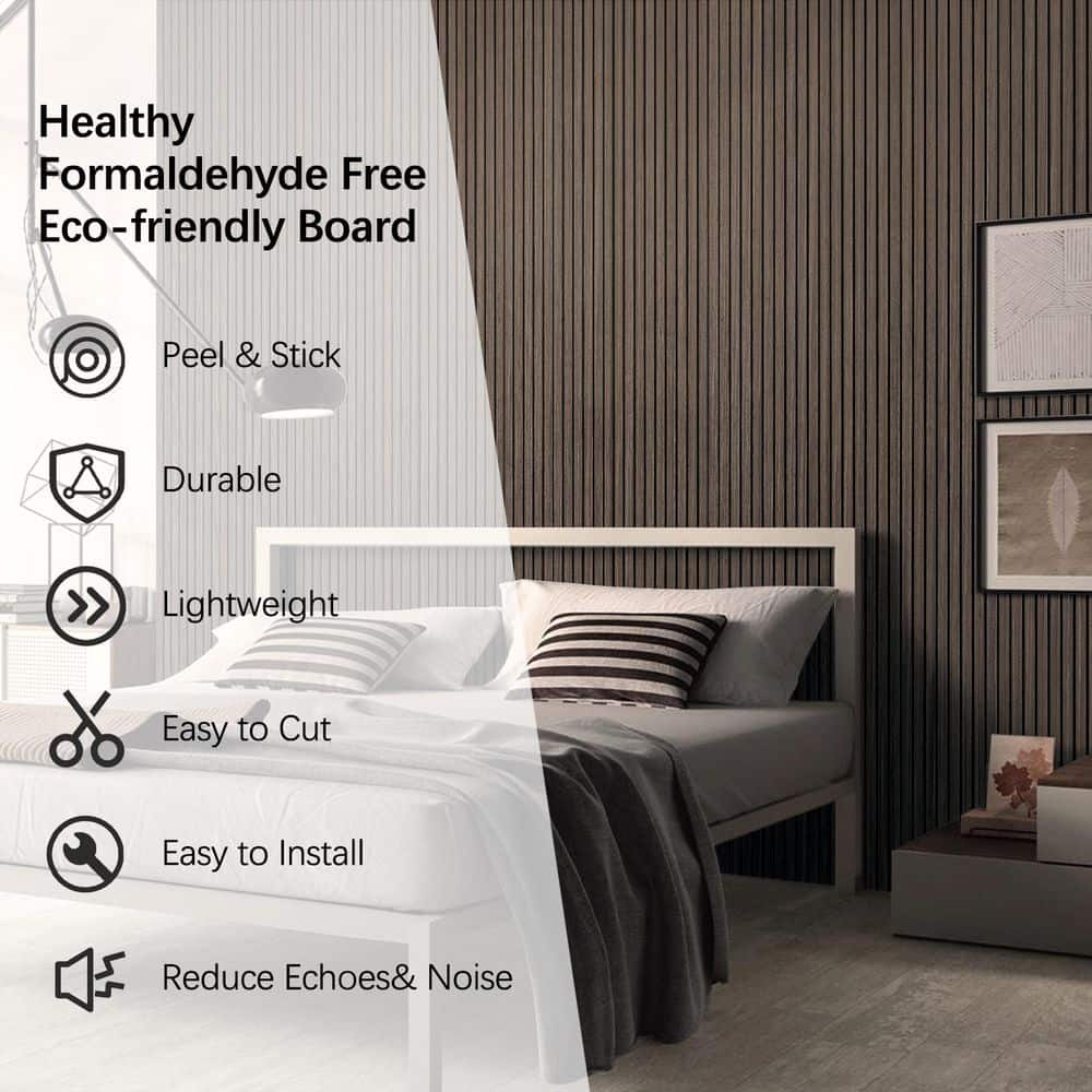 Owndeign 0.2 in. x 1 ft. x 8 ft. Brown Wood Slat Acoustic Panels 3D Decorative Wall Paneling Peel and Stick (2-Piece) (3)