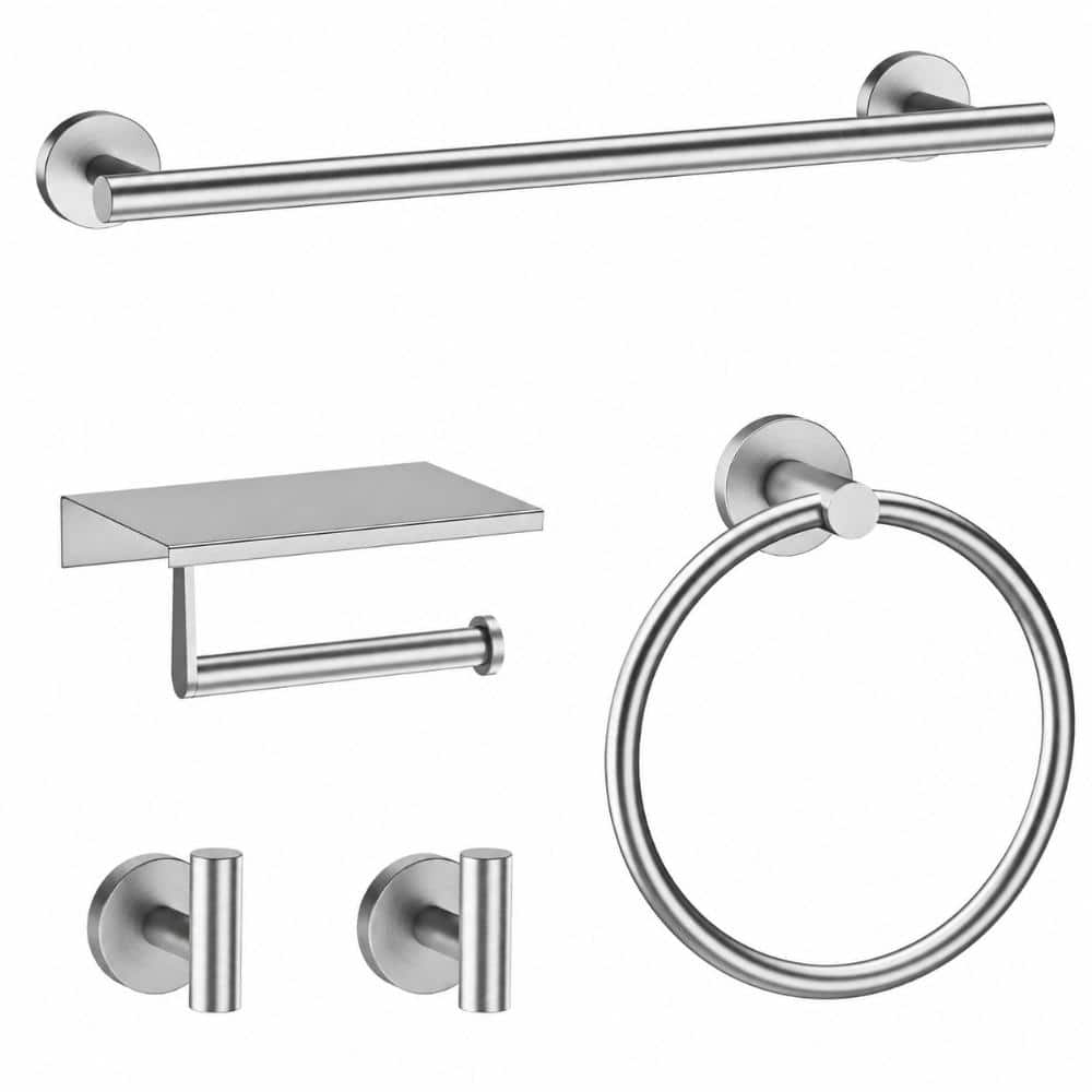 Unbranded 5-Piece Wall Mount Bathroom Hardware Set 24 in. Towel Bar Ring Paper Holder Robe Hooks Brushed Nickel