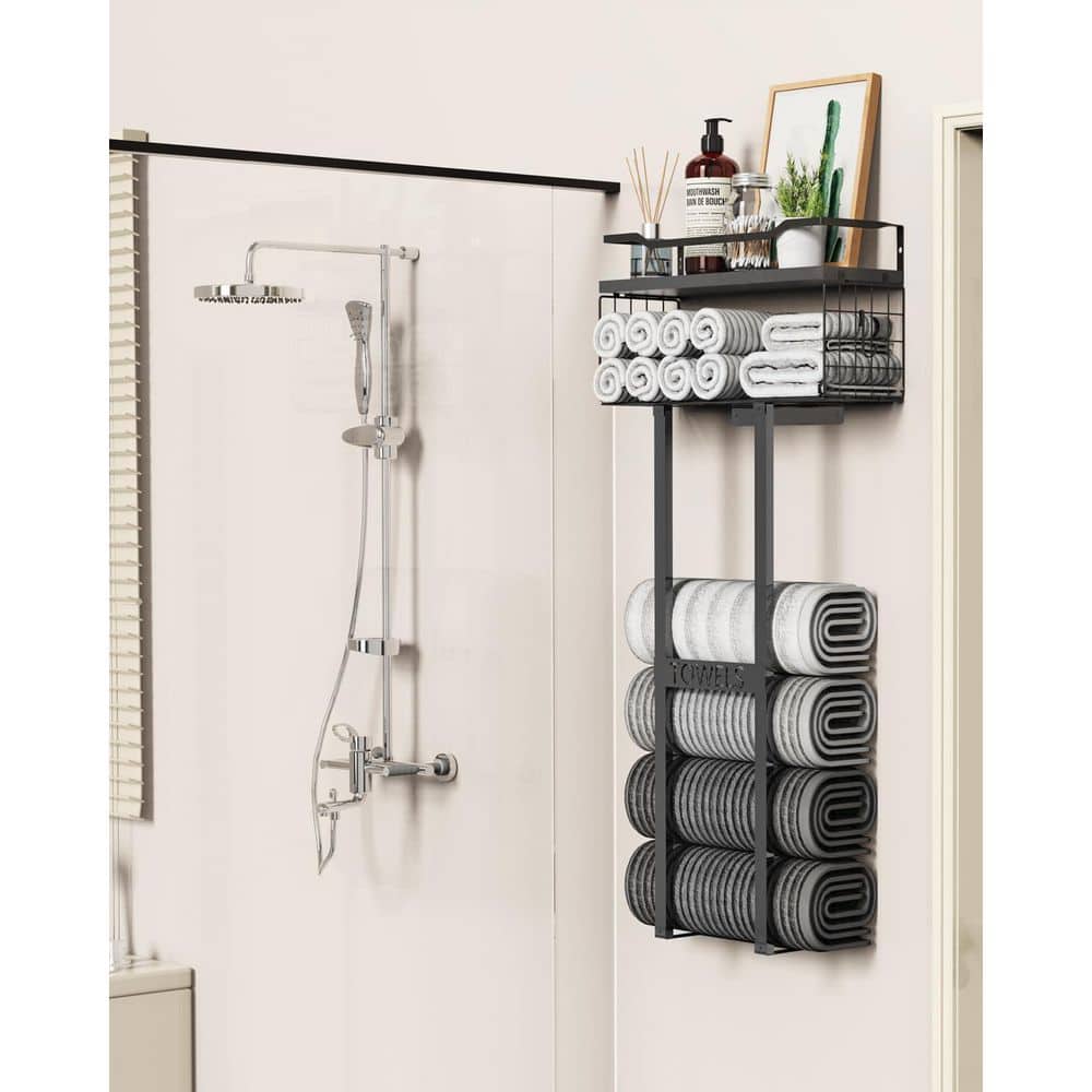 Adrinfly Wall Mounted Metal Towel Rack with Floating Wood Shelf for Bathroom Storage Organizer Holds 6 Large Towels Black (2)