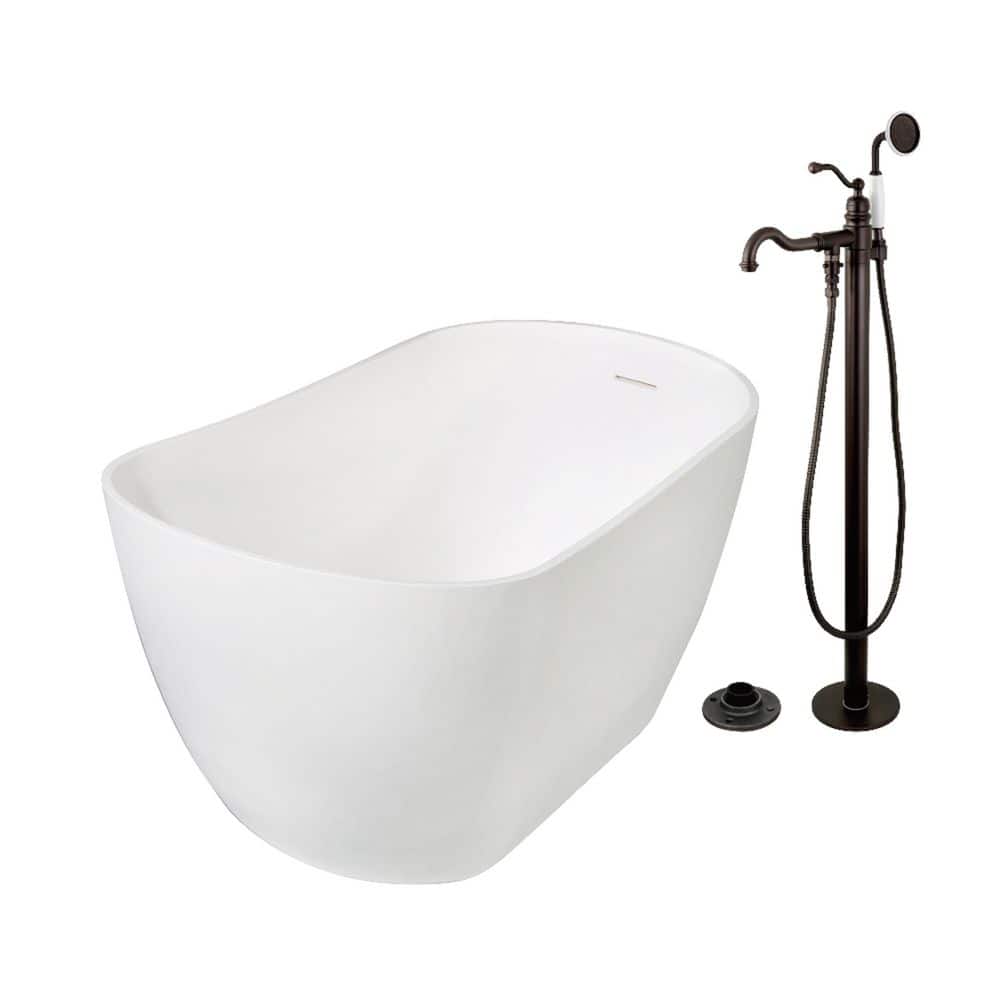 Kingston Brass Arcticstone 51.6 in. x 28.4 in. Surface White Stone Flatbottom Soaking Freestanding Bathtub in White/Oil Rubbed Bronze (1)